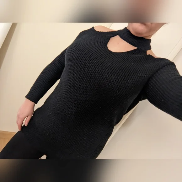 Black Off-the-Shoulder Sweater with Unique Cut-Out Neckline and Fitted Sleeves - Picture 1 of 9